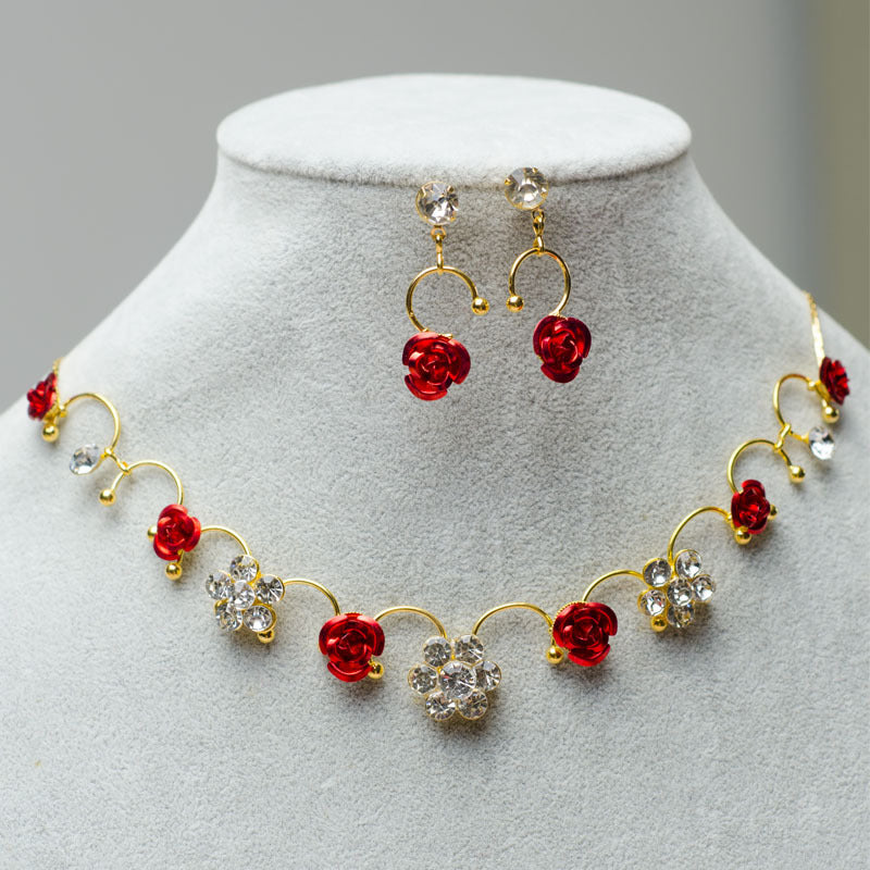 New Korean Bridal Jewelry Set: Red Rose Necklace & Earrings