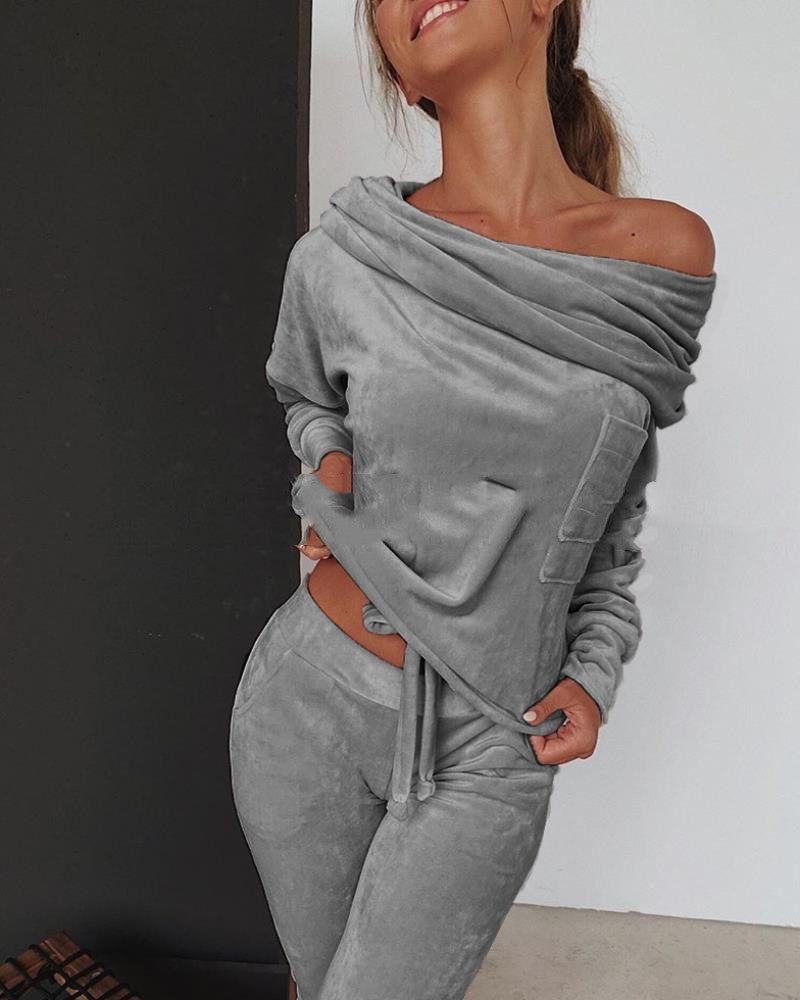 Neues Herbst-Plüsch-Zweiteiler-Off-Shoulder-Outfit
