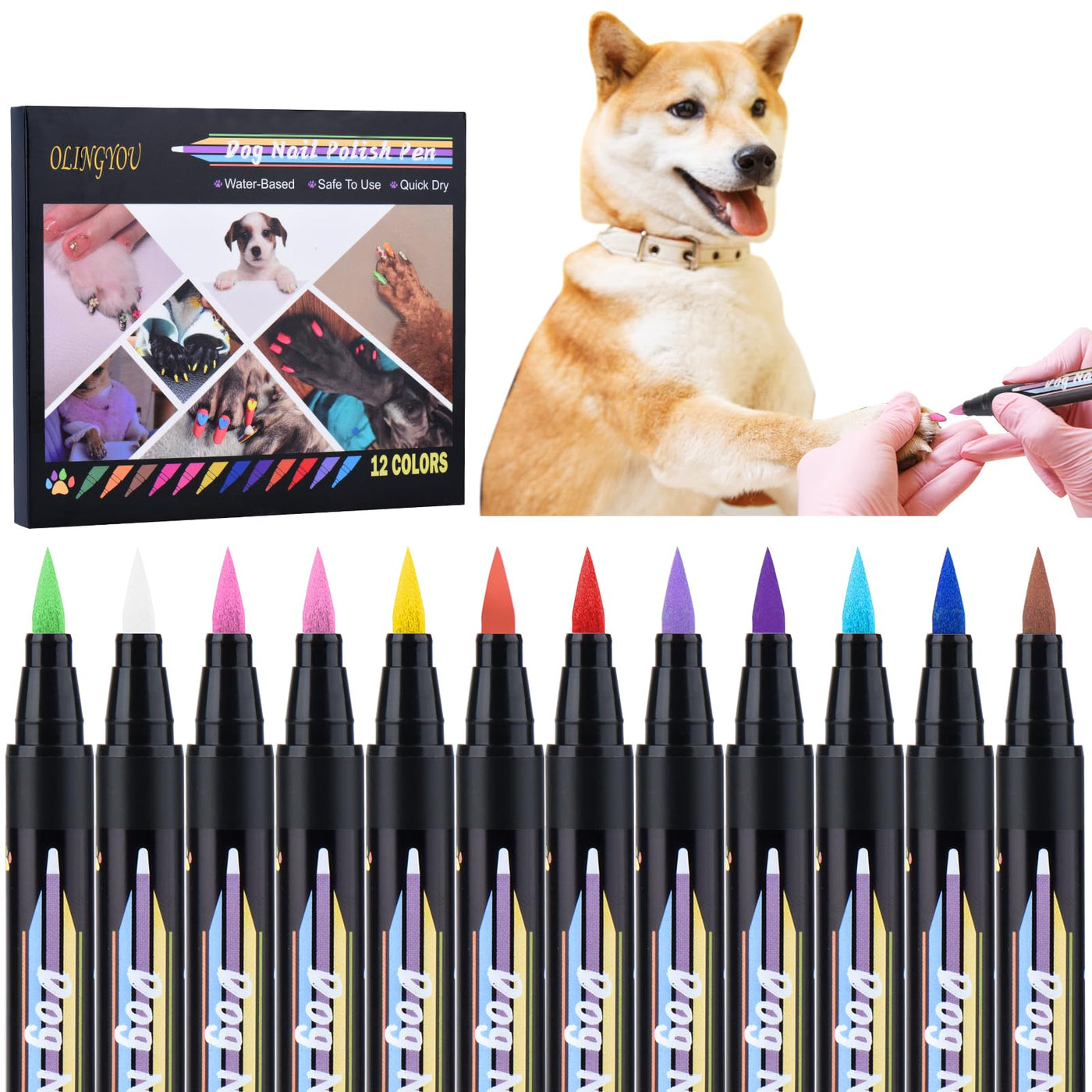 OLINGYOU Hunde-Nagellack, Hunde-Nagellackstifte schnell trocknend – 12 Farben Haustier-Nagellack-Set für Hunde, DIY Hunde Welpen Nägel Hundesicherer Nagellack Ungiftig Geruchlos Leicht aufzutragen