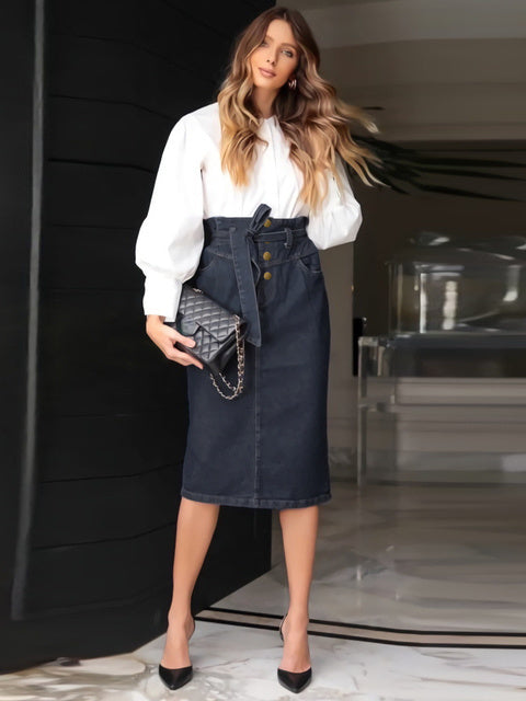 Elegant High Waist Denim Skirt for Women - Autumn/Winter