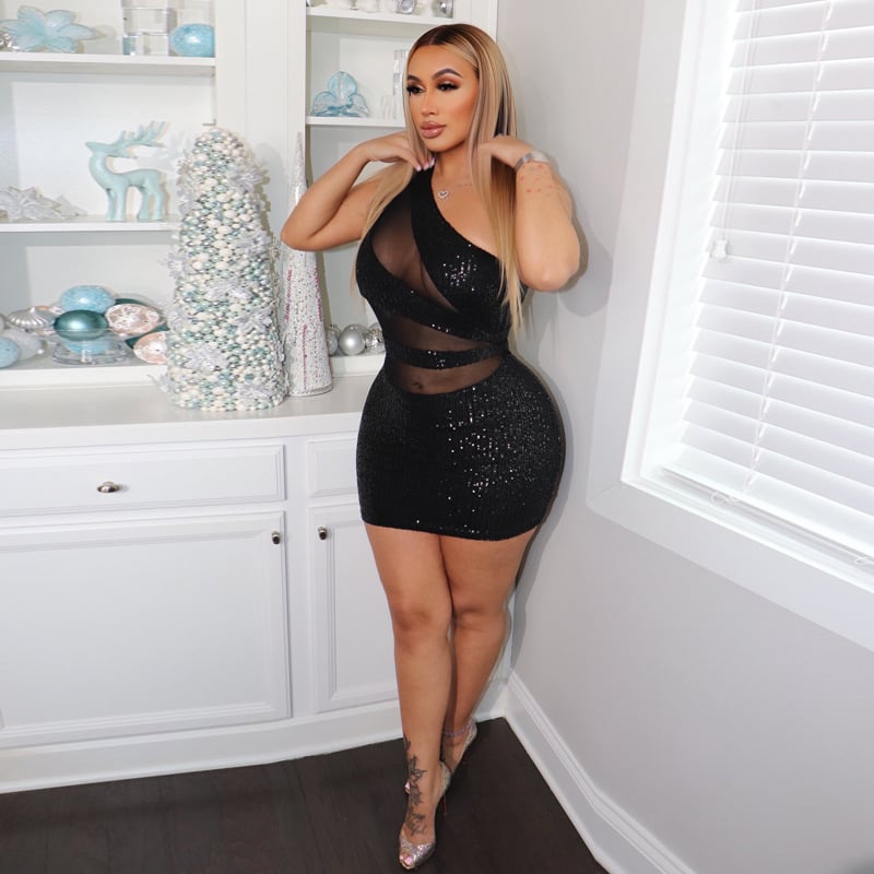 Large Size Sheer Body Dress with Sequin Panel Mesh
