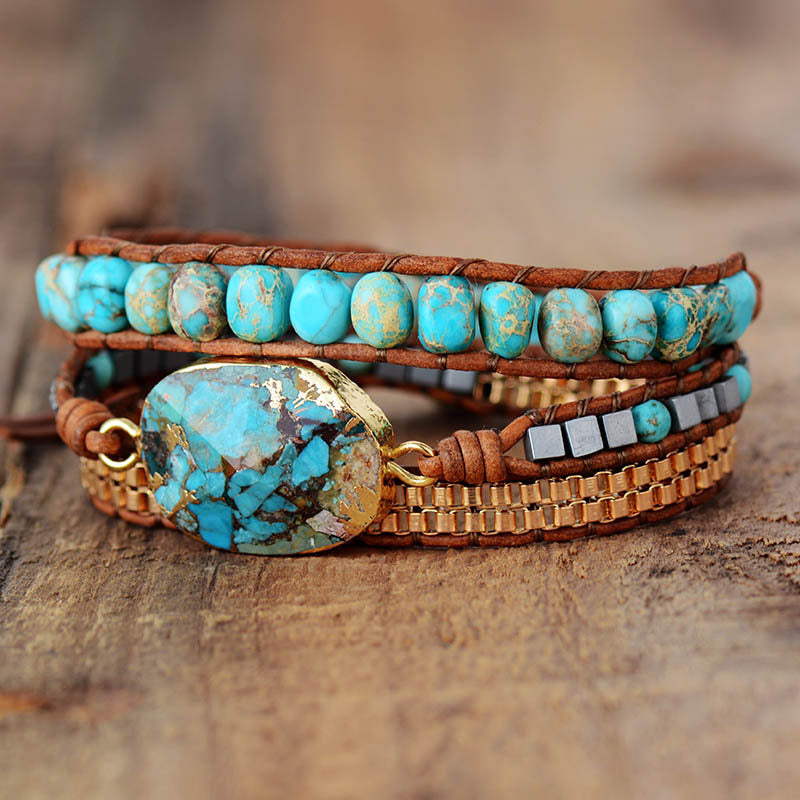 Bohemian Handmade Woven Leather Turquoise Bracelet