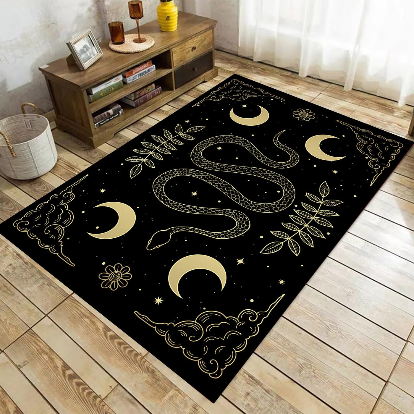 Osimiccp Snake Rug for Living Room5x7 Non Slip Gothic Rug for BedroomBlack Cool Printed Moon Rug Home Decor