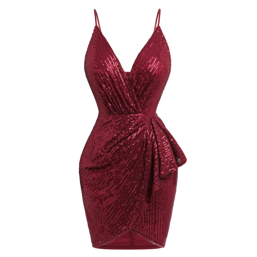 Women Spaghetti Strap Sequin Glitter Bodycon Mini Dress Wrap Deep V Neck Ruched Cocktail Party Dress Ruffle Backless Bandage Strappy Cami Dress Sparkle Glitzy Glam Night Club Dress Clubwear Red-Cami S