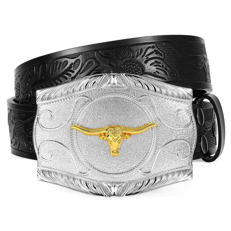UpFind Western Men Embossed Leather Belt for Jeans Women Cowboy Belt Big Silver Buckle Country Belt