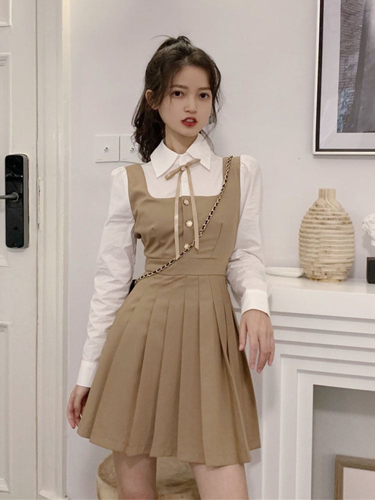 Women's Pleated Two-Piece Waist Shirt Dress